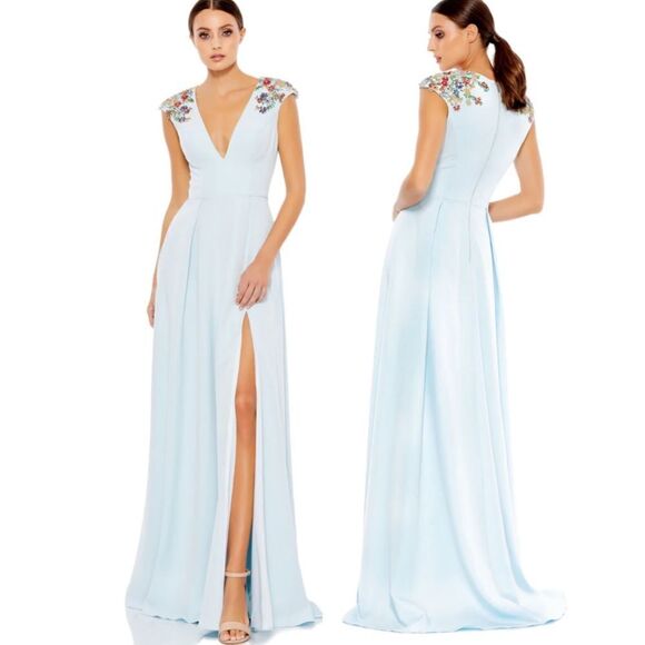 MAC Duggal Prom pageant Gown Crystals Floral Accented Baby Blue Aline Size 2 NEW - Picture 1 of 14